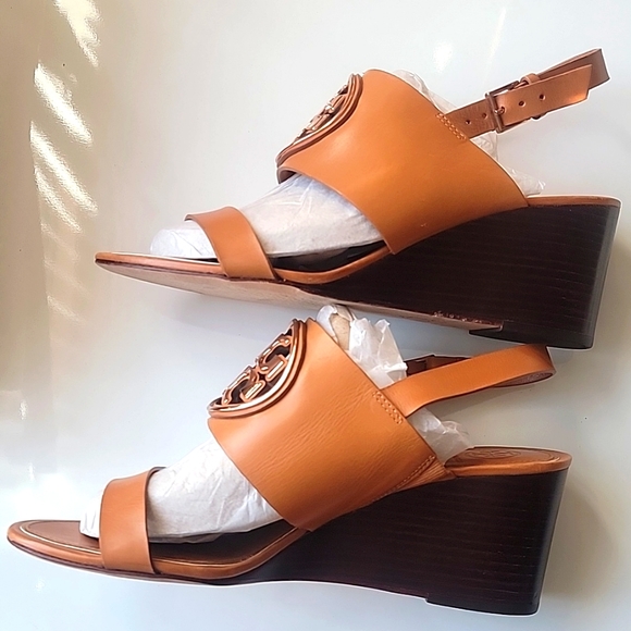 Tory Burch Miller Gold Metal 65mm Wedge Sandal Tan Rose Brown Size 8.5 medium - Picture 6 of 6